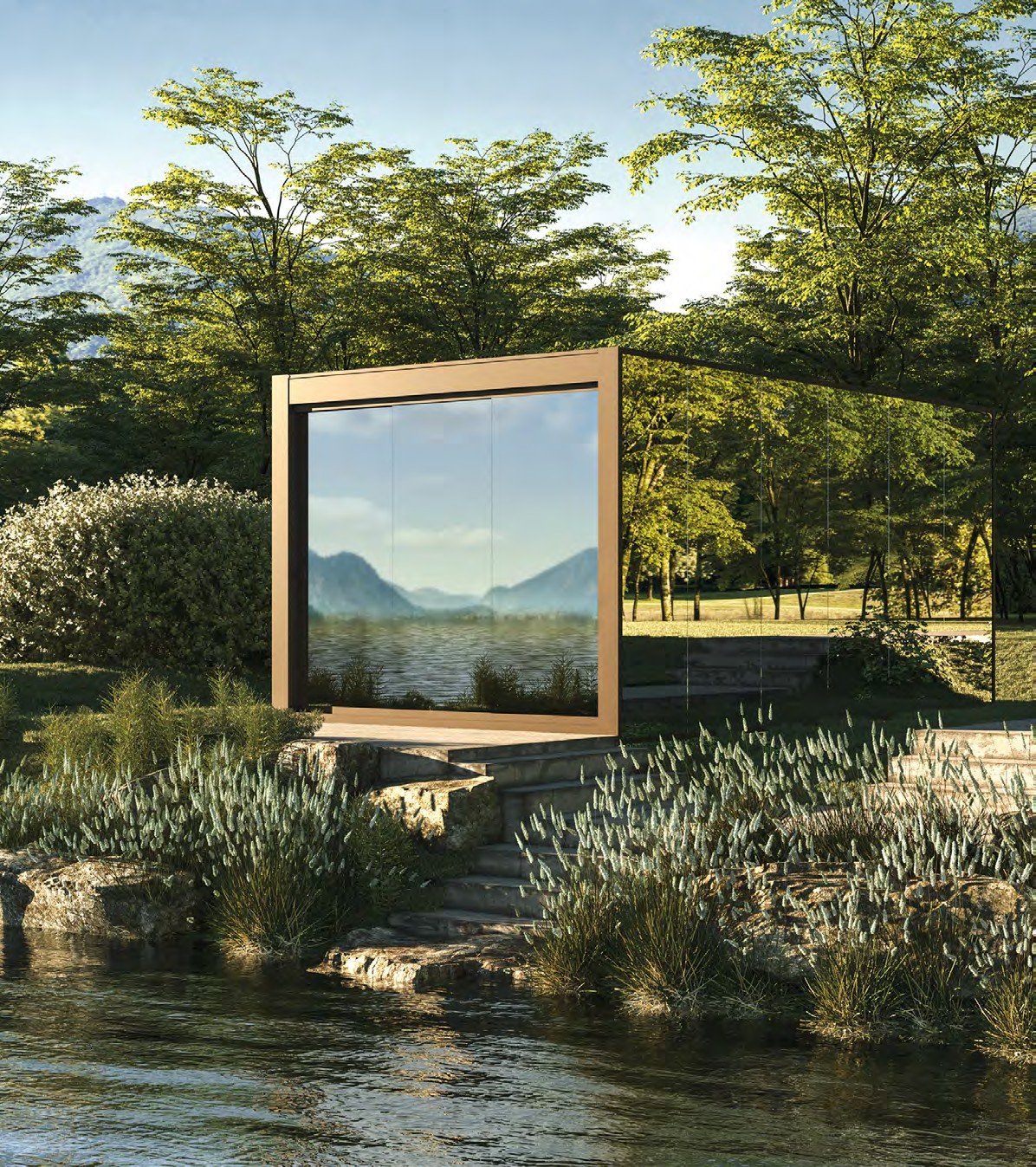 Mirrored pergola beside a lake
